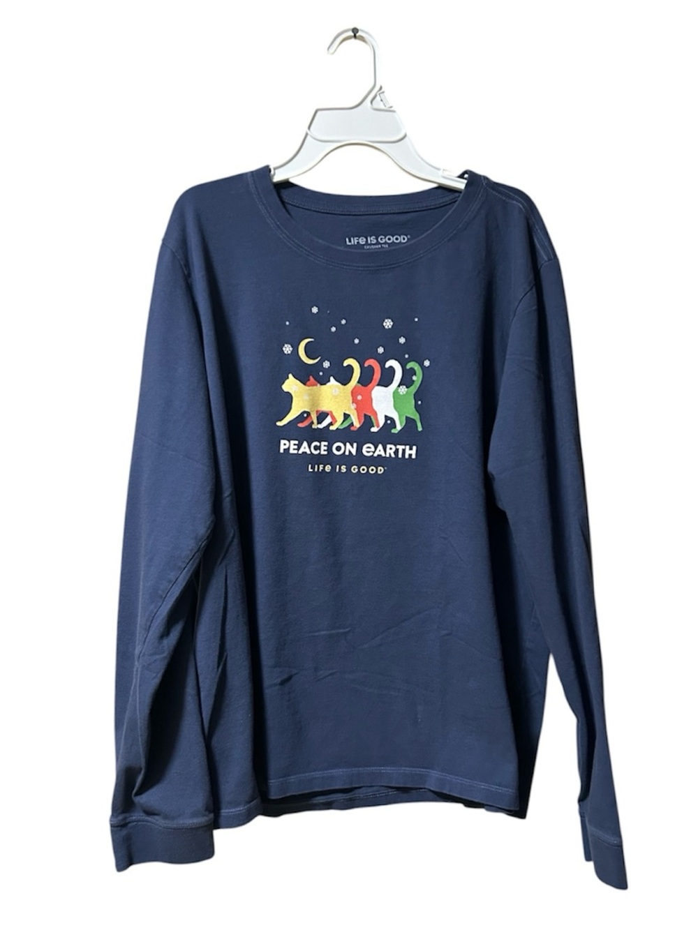 LIFE IS GOOD Women’s XL Crusher Tee T-Shirt Cats Peace On Earth Long Sleeve
